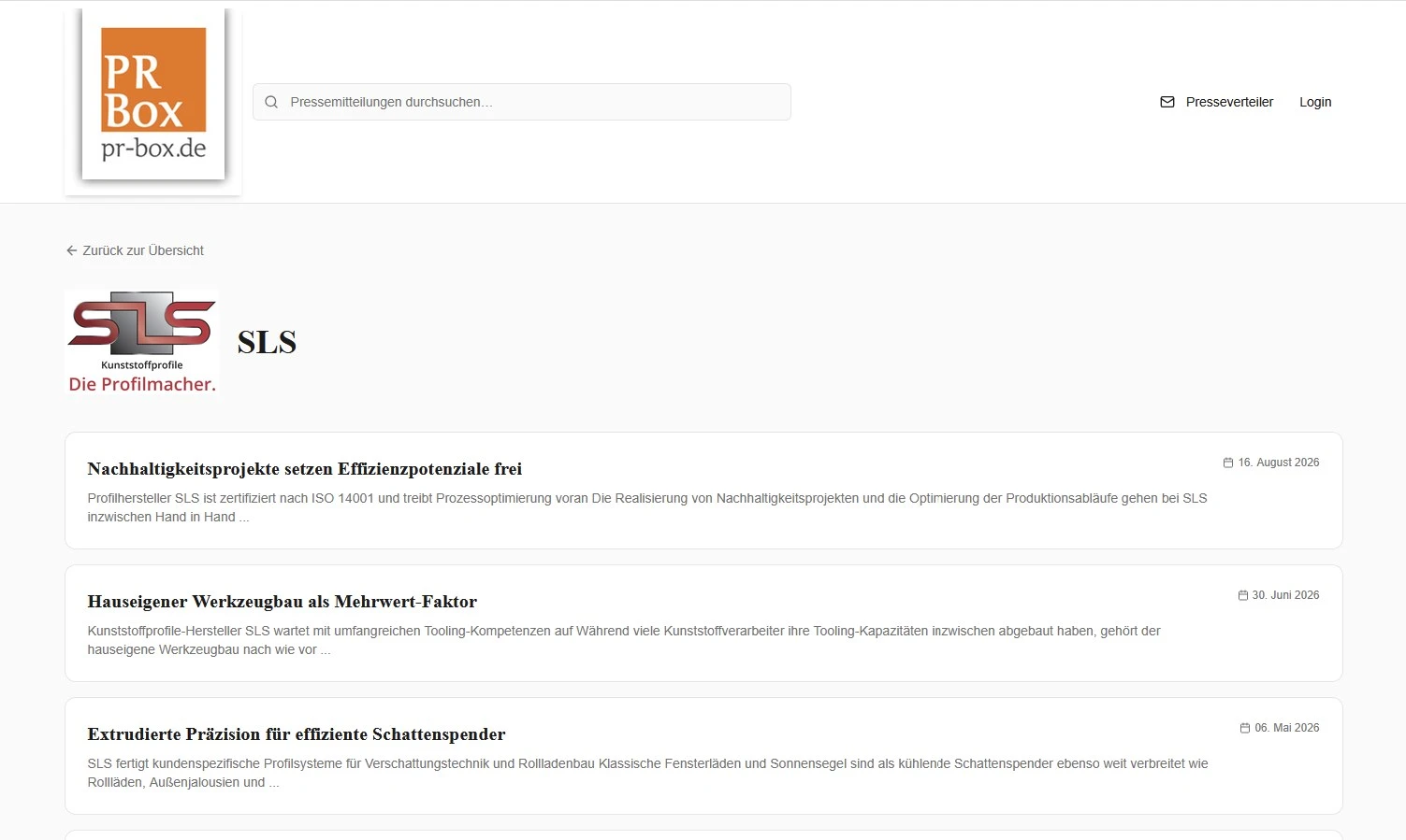 Pressefach von SLS in der PR-Box mit Übersicht der Pressemeldungen