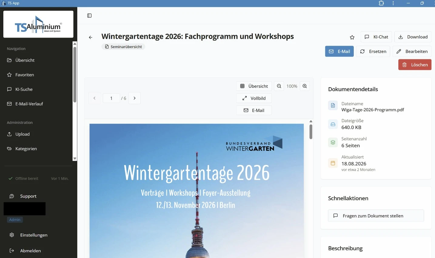 Dokumentenansicht der TS-Alu-App mit PDF, E-Mail und Download-Funktionen