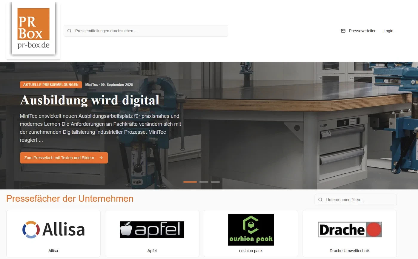 Übersicht der PR-Box-Plattform für Unternehmenspresse