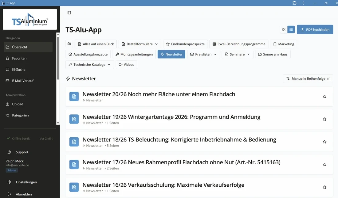 Neuigkeiten-Übersicht in der TS-Aluminium-App