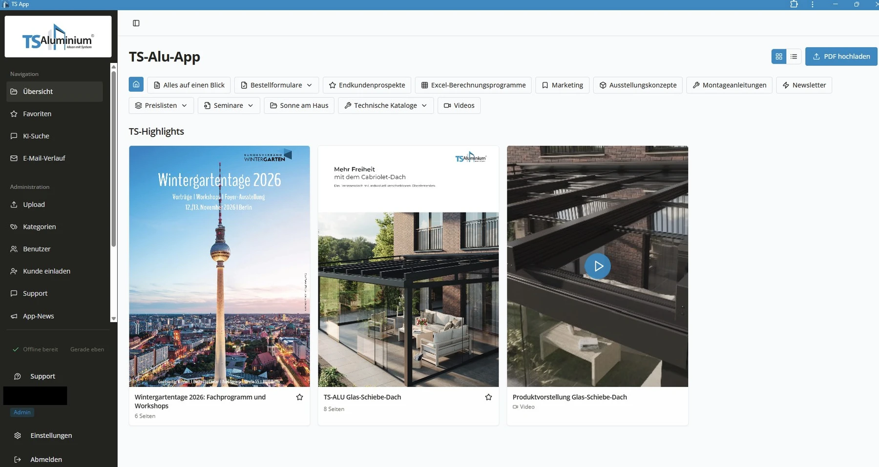 Übersicht der TS-Alu-App mit technischen Unterlagen und Dokumenten